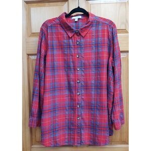 Women Within Flannel Red Plaid Size 1X 22/24 Soft Long Sleeves Button Front Top